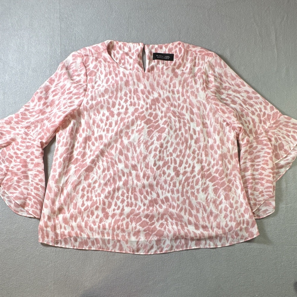 Black Label by Evan-Picone Pink Animal Print Bell Sleeve Keyhole Blouse Large